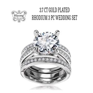 3.7ct Large Round AAA CZ 3pc Gold Plated/Rhodium Engagement Wedding Ring Set